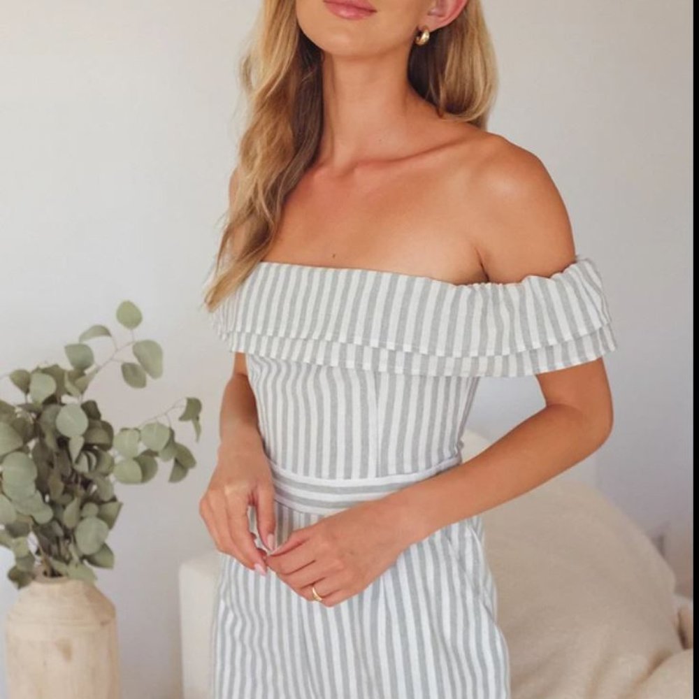 Nautical You Mine Sage Green Striped Off-the-Shoulder Romper